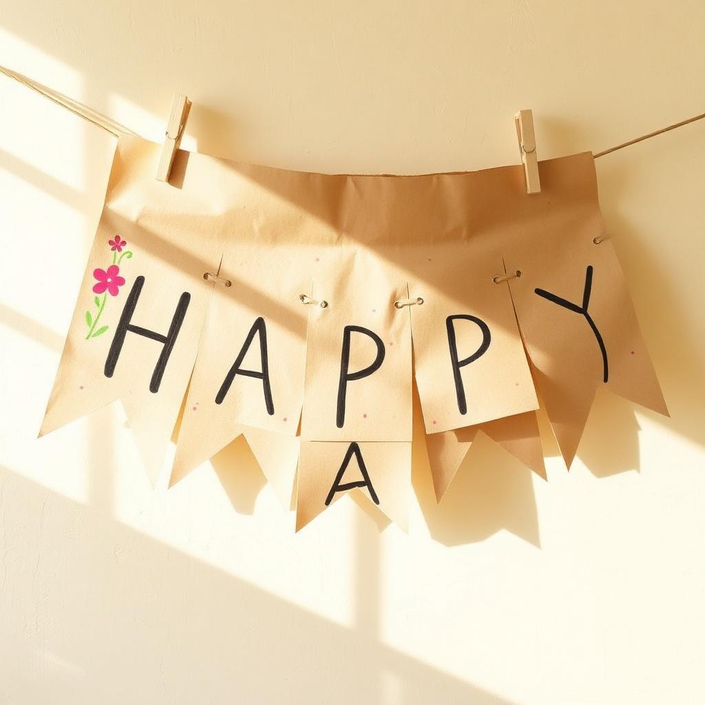Happy hand-painted kraft paper banner with clothespins